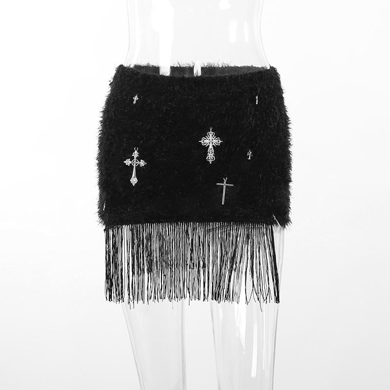 acelimosf™-Tassels cross applique fluffy mini skirt goth Emo Darkwave Fashion