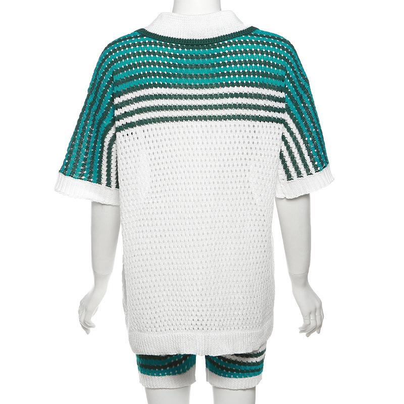 acelimosf™-Turnover collar short sleeve button hollow out pant set