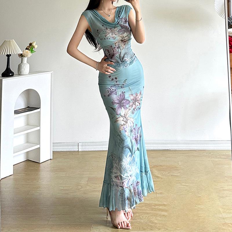 acelimosf™-Ruched ruffle cowl neck flower print mesh maxi skirt set