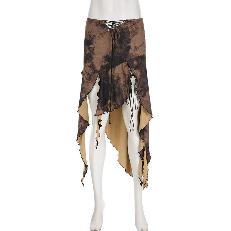 acelimosf™-Tie dye irregular self tie slit contrast lace up low rise midi skirt grunge 90s Streetwear Disheveled Chic Fashion grunge 90s Streetwear Distressed Fashion