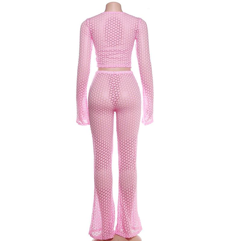 acelimosf™-Long flared sleeve hollow out see through crop pant set