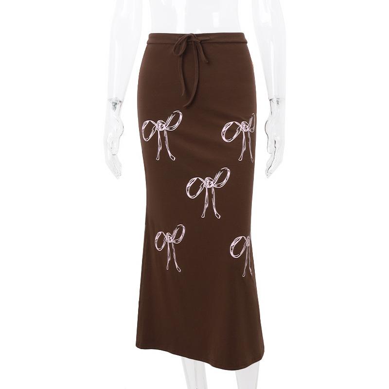 acelimosf™-Drawstring ruched bowknot print contrast self tie midi skirt