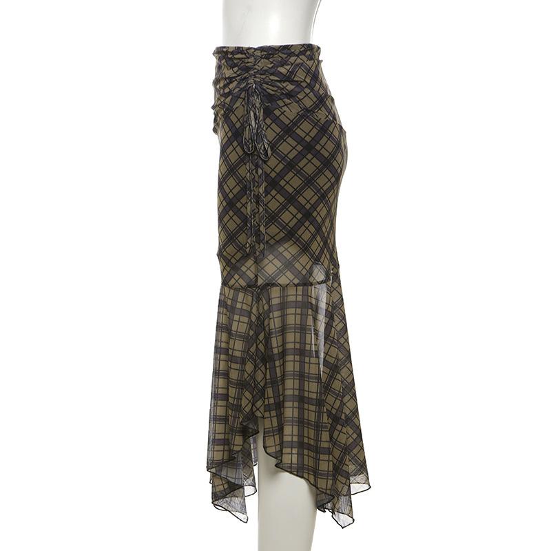 acelimosf™-Plaid ruched drawstring mesh irregular midi skirt