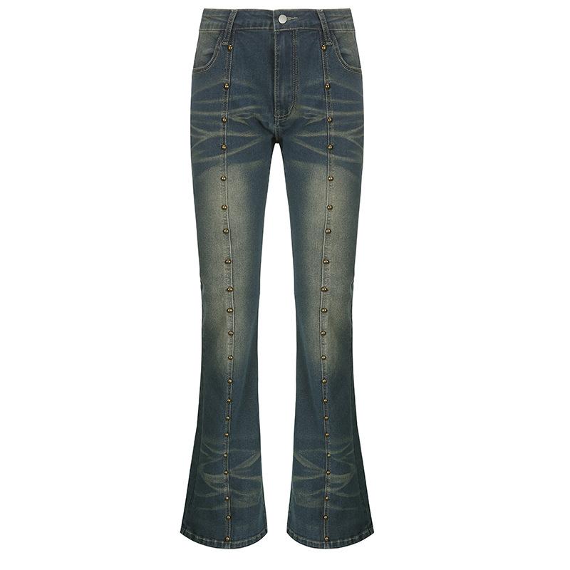 acelimosf™-High rise beaded contrast flared jeans grunge 90s Streetwear Disheveled Chic Fashion grunge 90s Streetwear Distressed Fashion