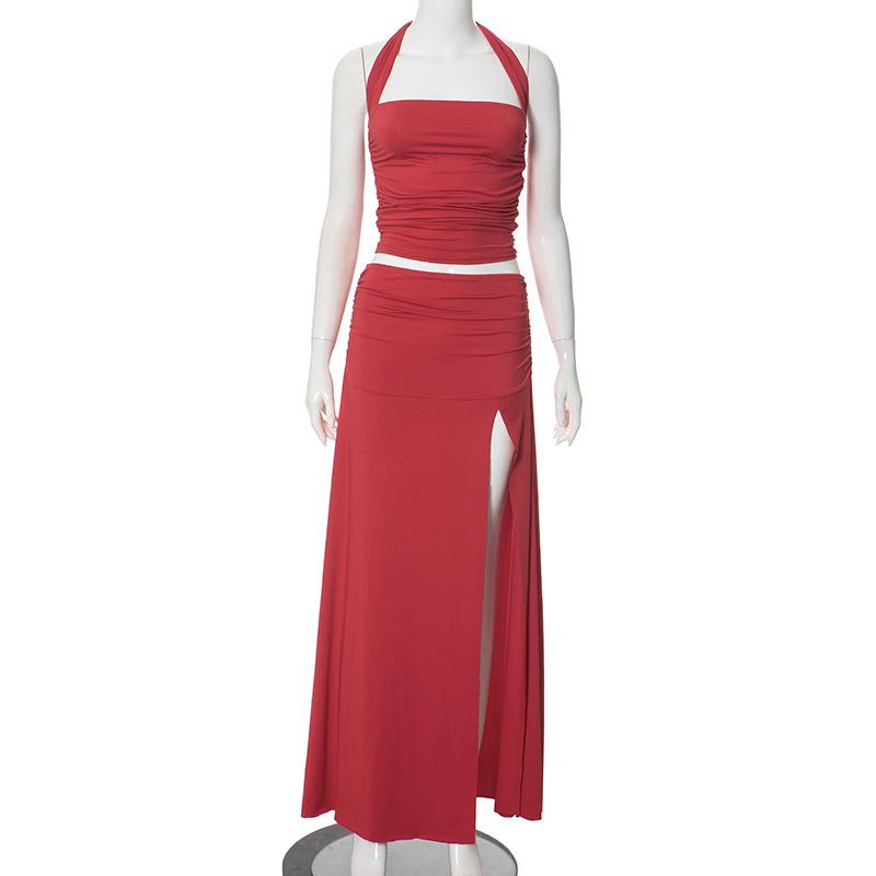 acelimosf™-Halter ruched backless high slit maxi skirt set