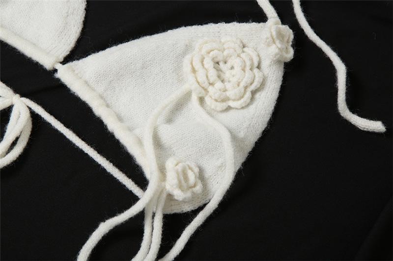acelimosf™-Halter self tie flower applique slit backless mini skirt set
