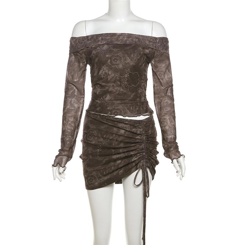 acelimosf™-Long sleeve off shoulder ruffle ruched drawstring mini skirt set
