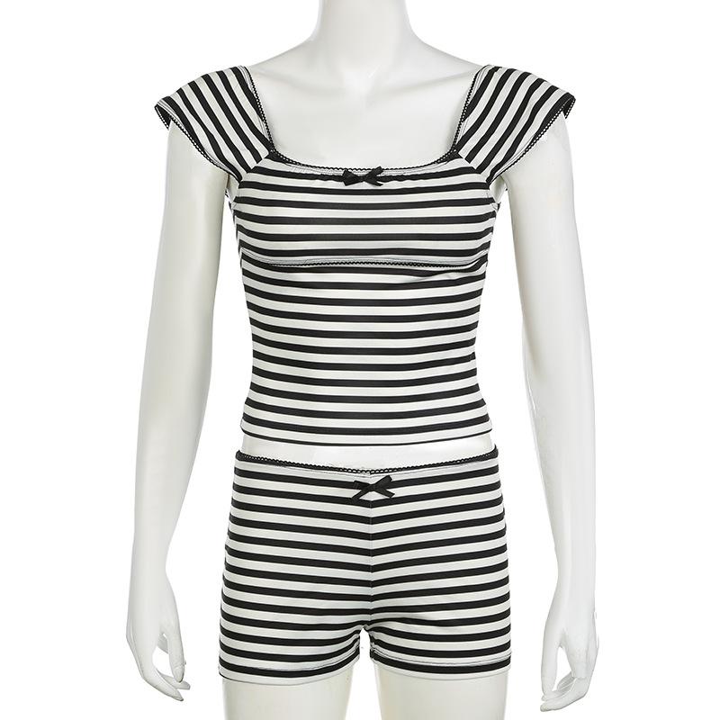 acelimosf™-Striped print cap sleeve bowknot pant set