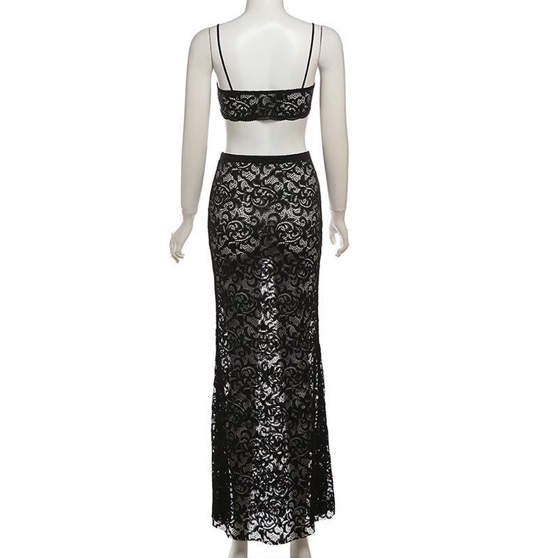 acelimosf™-Lace see through u neck backless cami maxi skirt set