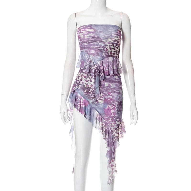 acelimosf™-Pleated ruffle irregular contrast print tube skirt set fairycore Ethereal Fashion