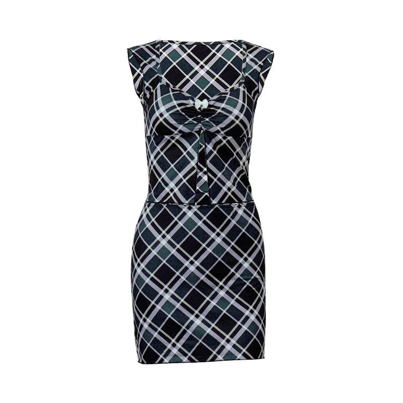 acelimosf™-Cap sleeve plaid bowknot slit mini skirt set