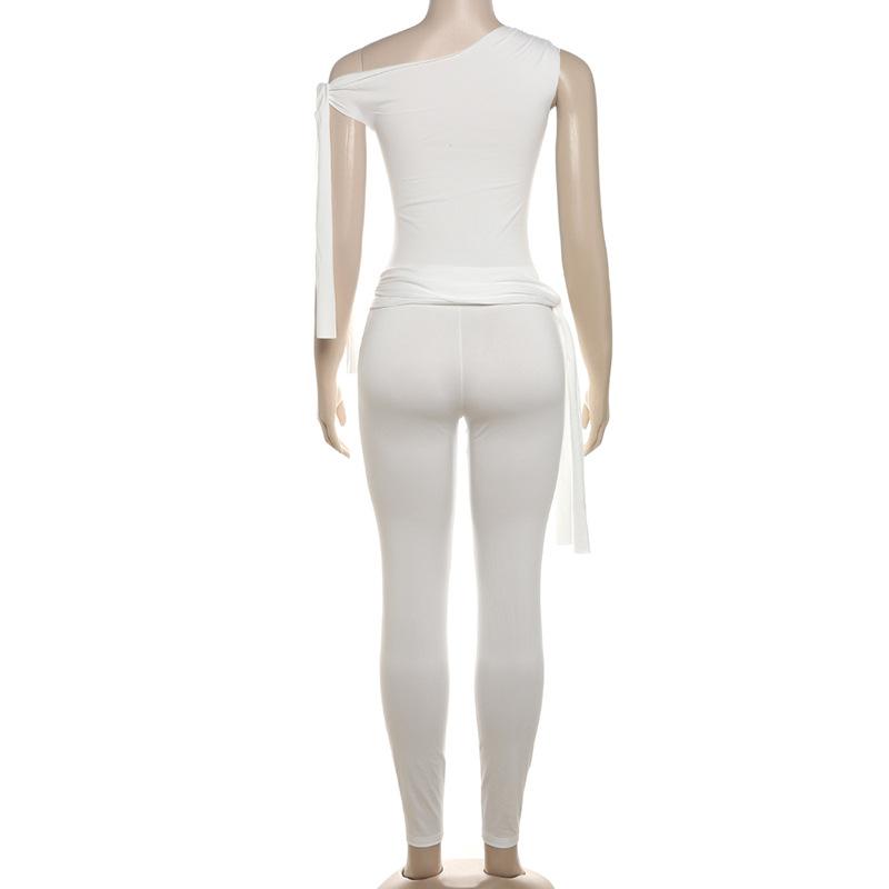 acelimosf™-One shoulder self tie irregular solid high rise pant set