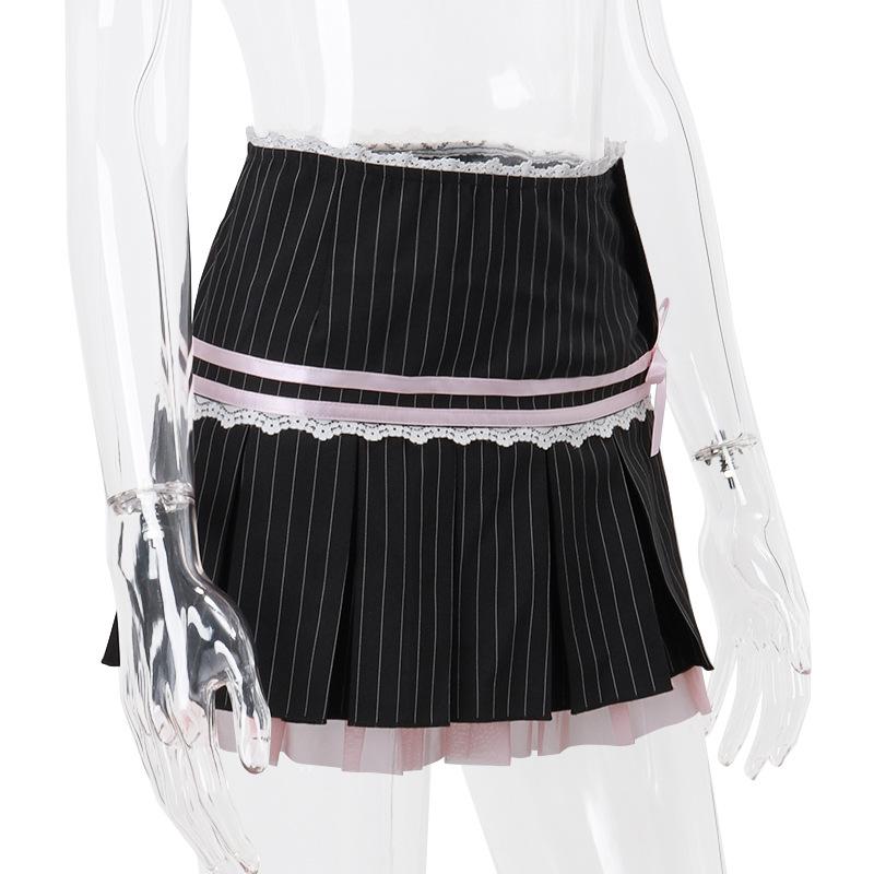 acelimosf™-Pleated striped button lace hem bowknot stitch mini skirt