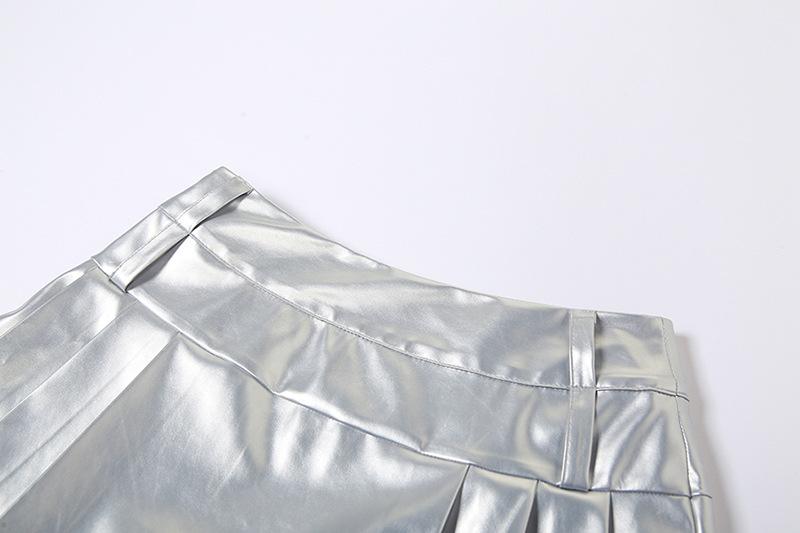 acelimosf™-Zip-up metallic pleated medium rise solid mini skirt y2k 90s Revival Techno Fashion