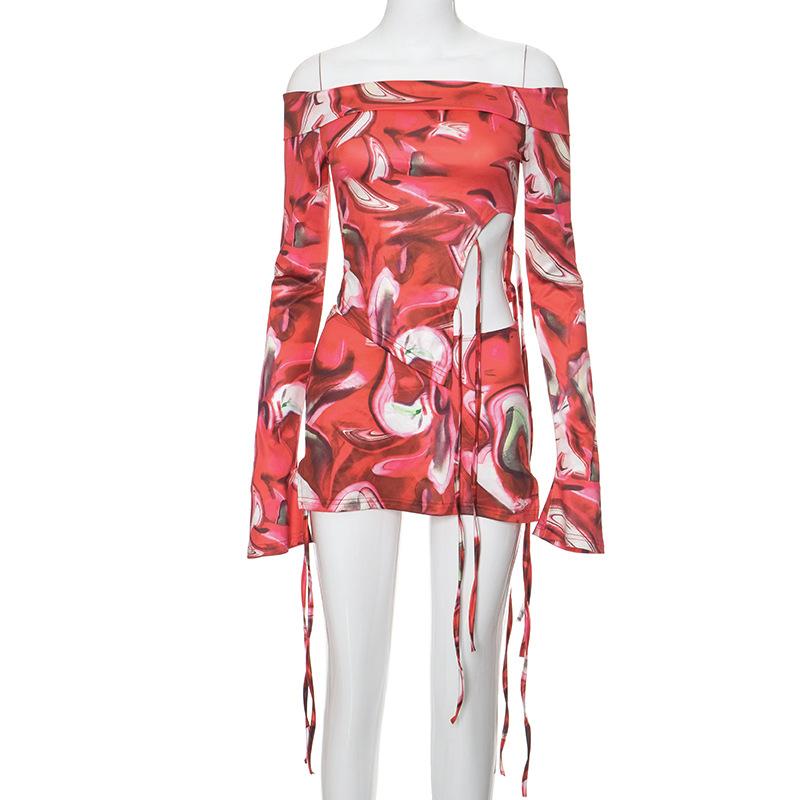 acelimosf™-Long flared sleeve off shoulder print mini skirt set