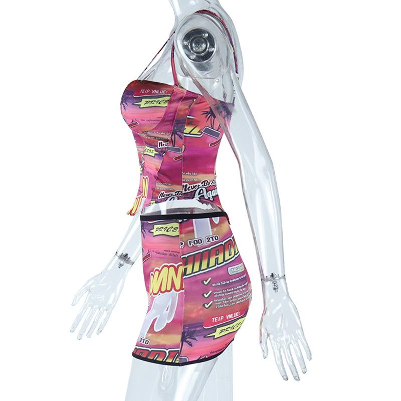 acelimosf™-Letter print padded notch neck corset cami mini skirt set