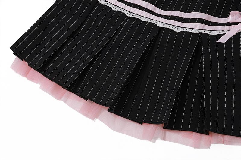 acelimosf™-Pleated striped button lace hem bowknot stitch mini skirt