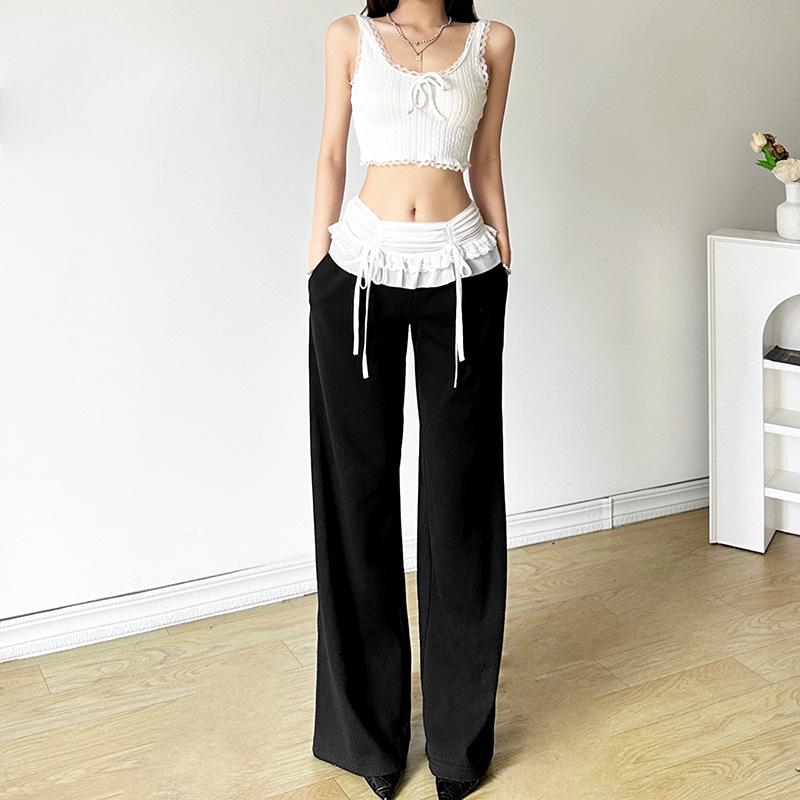 acelimosf™-Mesh patchwork lace hem ruched low rise pant