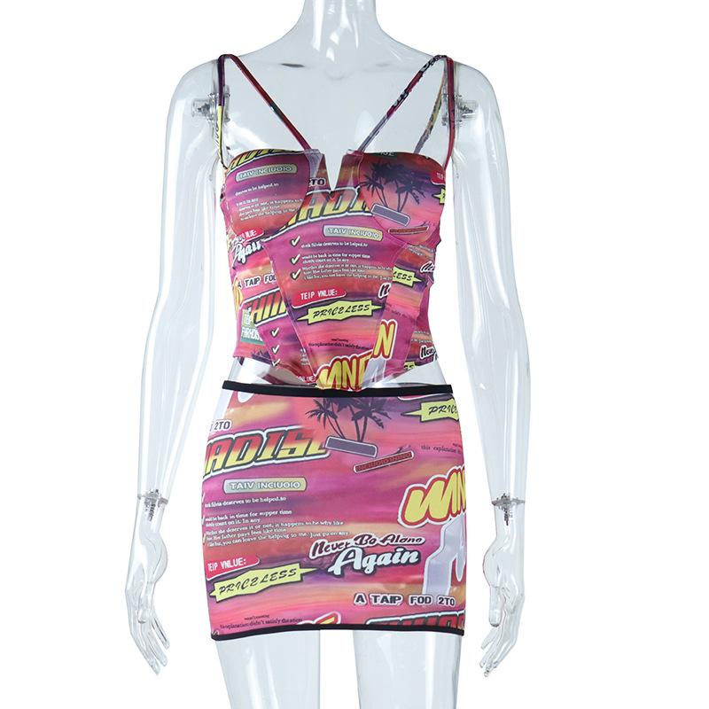 acelimosf™-Letter print padded notch neck corset cami mini skirt set