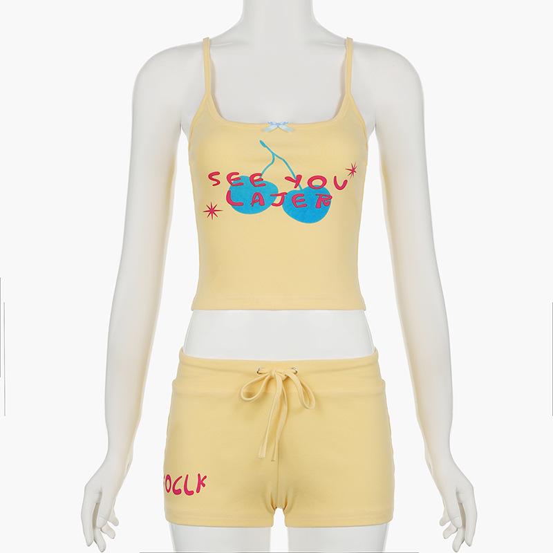 acelimosf™-U neck letter print bowknot cami pant set