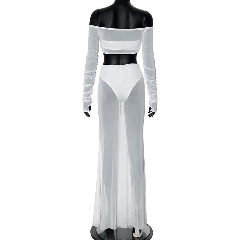 acelimosf™-Long sleeve off shoulder ruched mesh maxi skirt set
