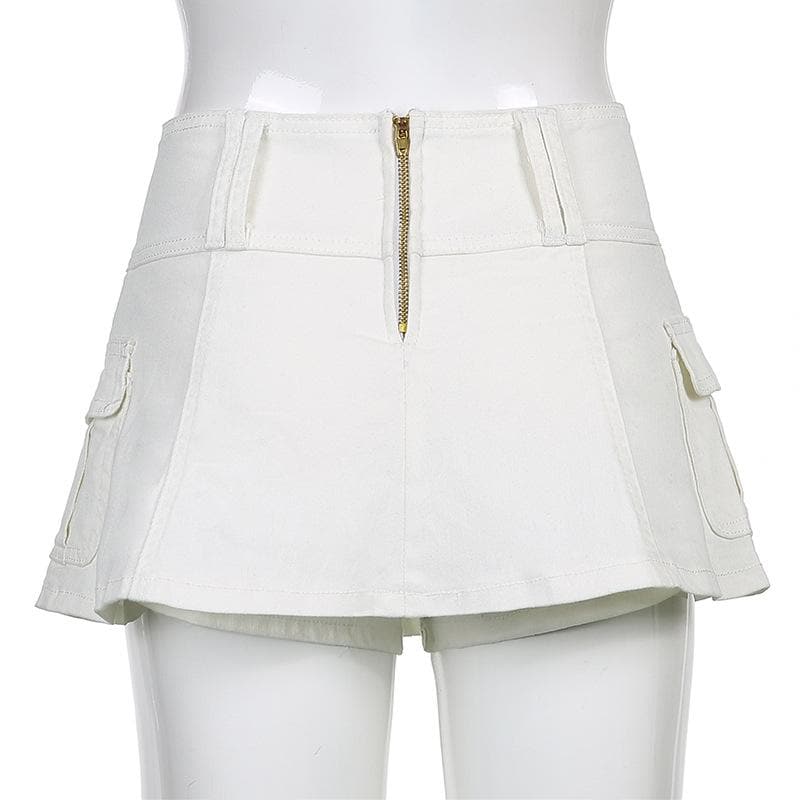 acelimosf™-A line zip-up cargo pocket solid medium rise denim midi skirt y2k 90s Revival Techno Fashion