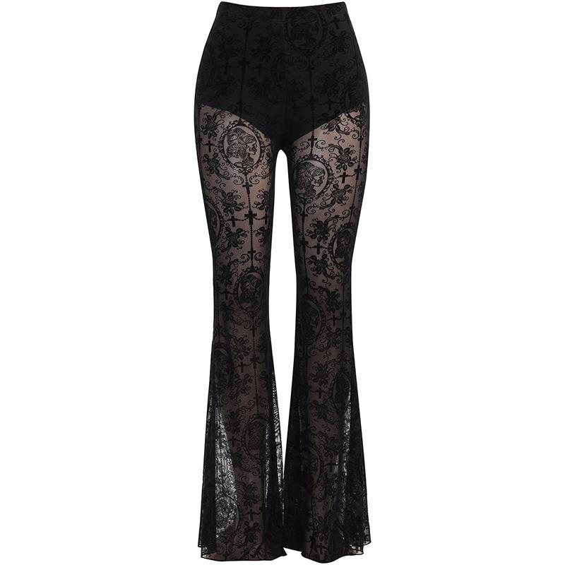 acelimosf™-Lace solid high rise textured flared pant goth Alternative Darkwave Fashion goth Emo Darkwave Fashion