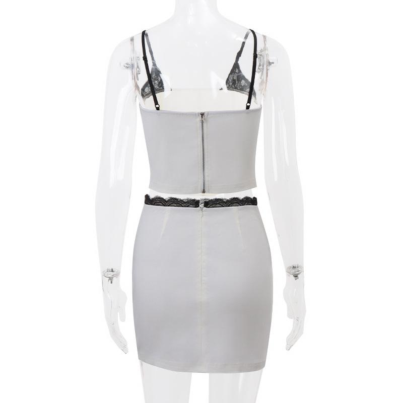 acelimosf™-Square neck lace patchwork zip-up backless contrast mini skirt set