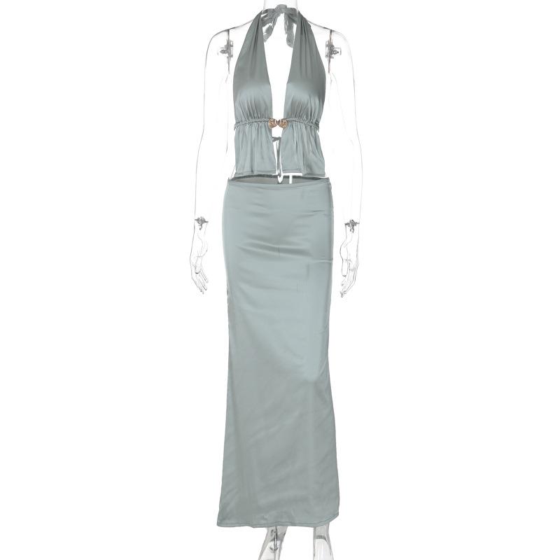 acelimosf™-Halter metal button satin backless maxi skirt set