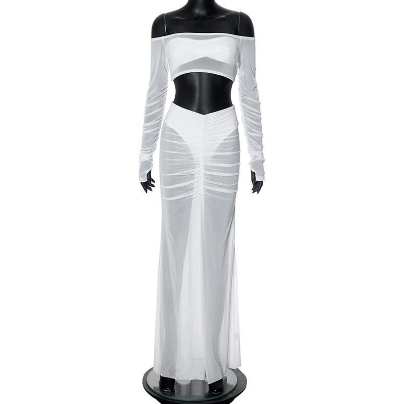 acelimosf™-Long sleeve off shoulder ruched mesh maxi skirt set