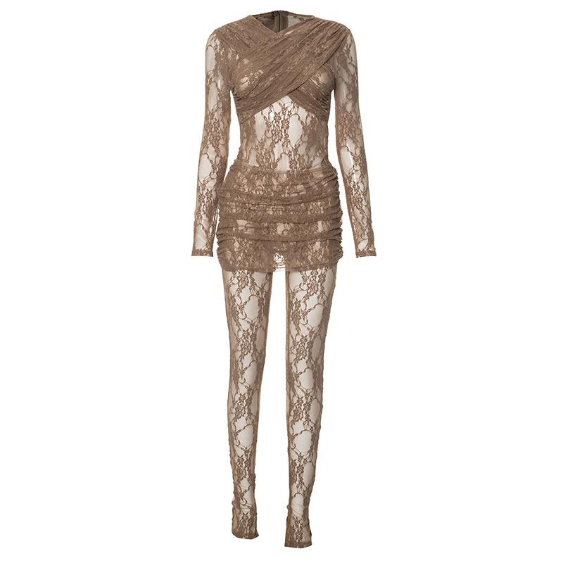 acelimosf™-Long sleeve ruched lace zip-up see through 2 piece jumpsuit