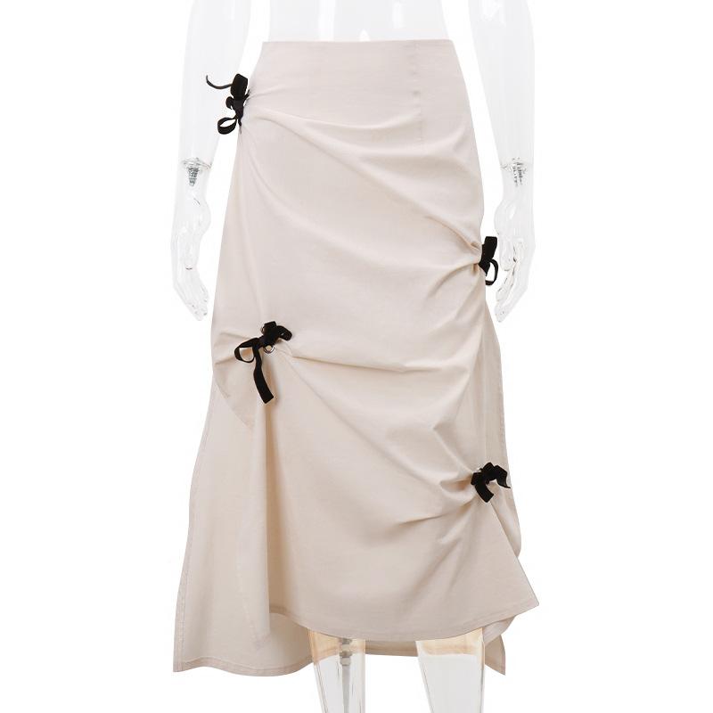 acelimosf™-Bowknot ruched zip-up slit irregular contrast midi skirt