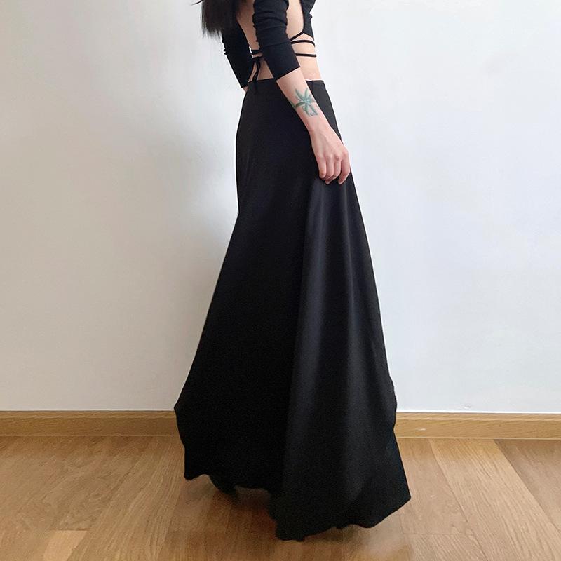 acelimosf™-Solid lace up patchwork zip-up low rise maxi skirt y2k 90s Revival Techno Fashion