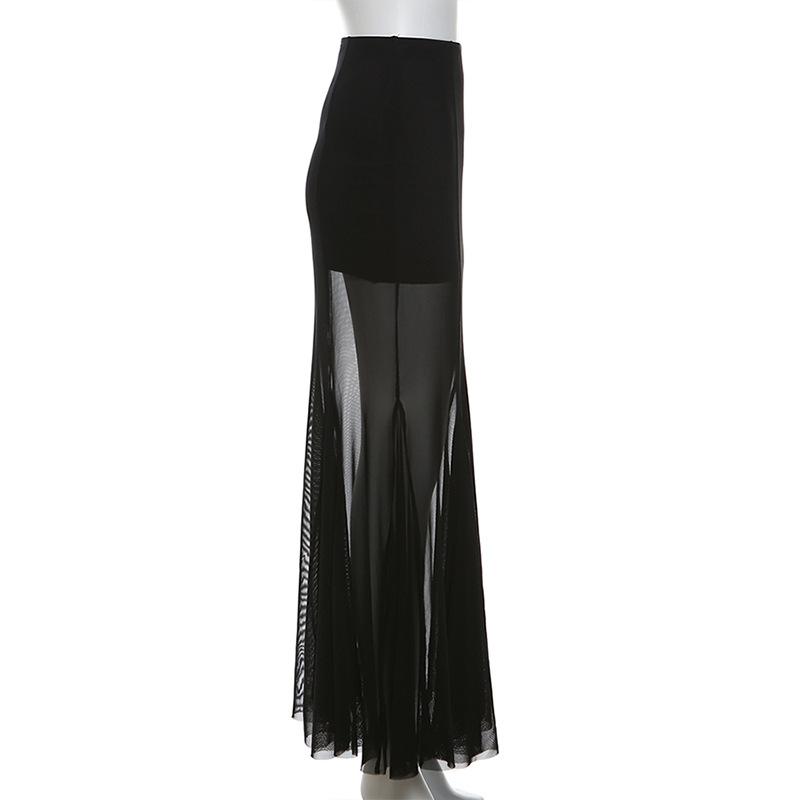 acelimosf™-Mesh patchwork stitch solid maxi skirt