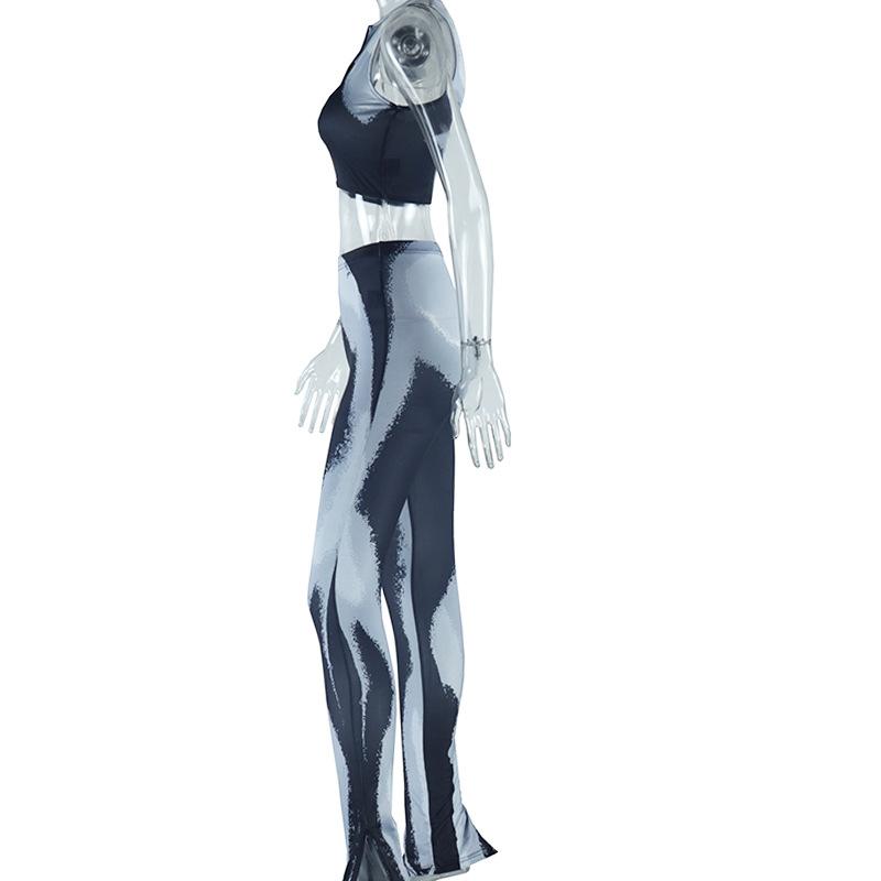 acelimosf™-U neck zip-up print contrast crop pant set