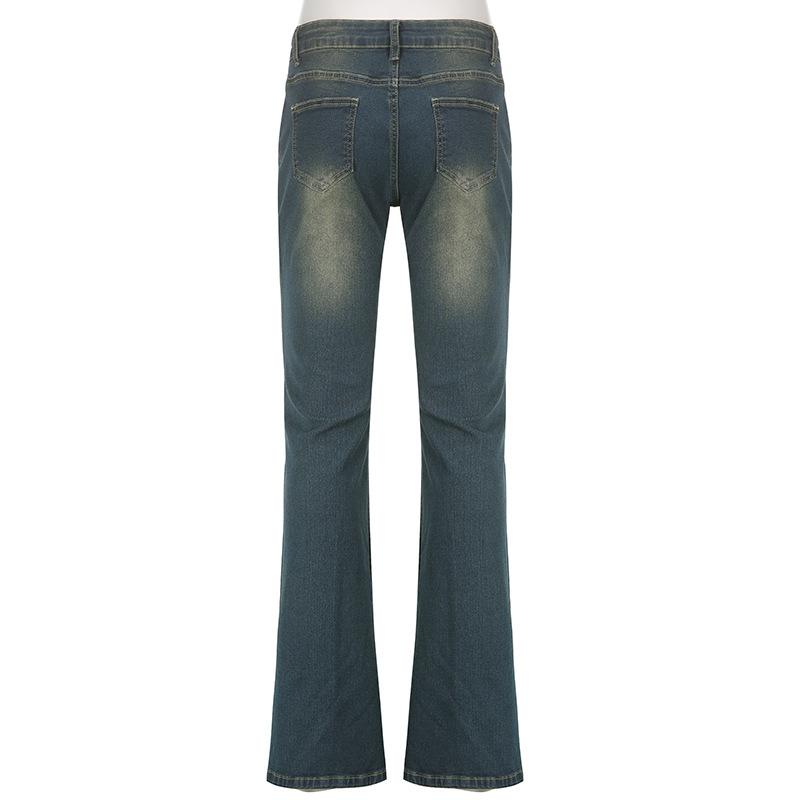 acelimosf™-High rise beaded contrast flared jeans grunge 90s Streetwear Disheveled Chic Fashion grunge 90s Streetwear Distressed Fashion