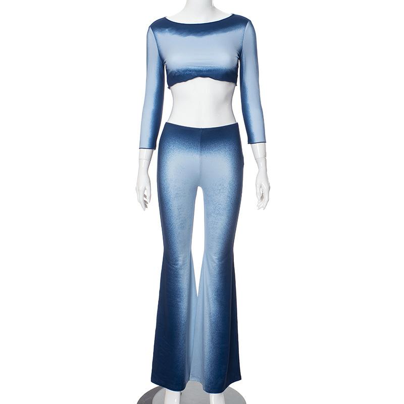 acelimosf™-Long sleeve gradient crewneck ruffle pant set