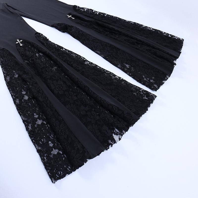 acelimosf™-Lace patchwork solid cross applique flared pant y2k 90s Revival Techno Fashion