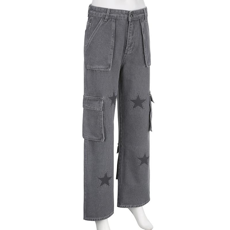 acelimosf™-Contrast denim star pattern zip-up pocket jeans grunge 90s Streetwear Disheveled Chic Fashion grunge 90s Streetwear Distressed Fashion