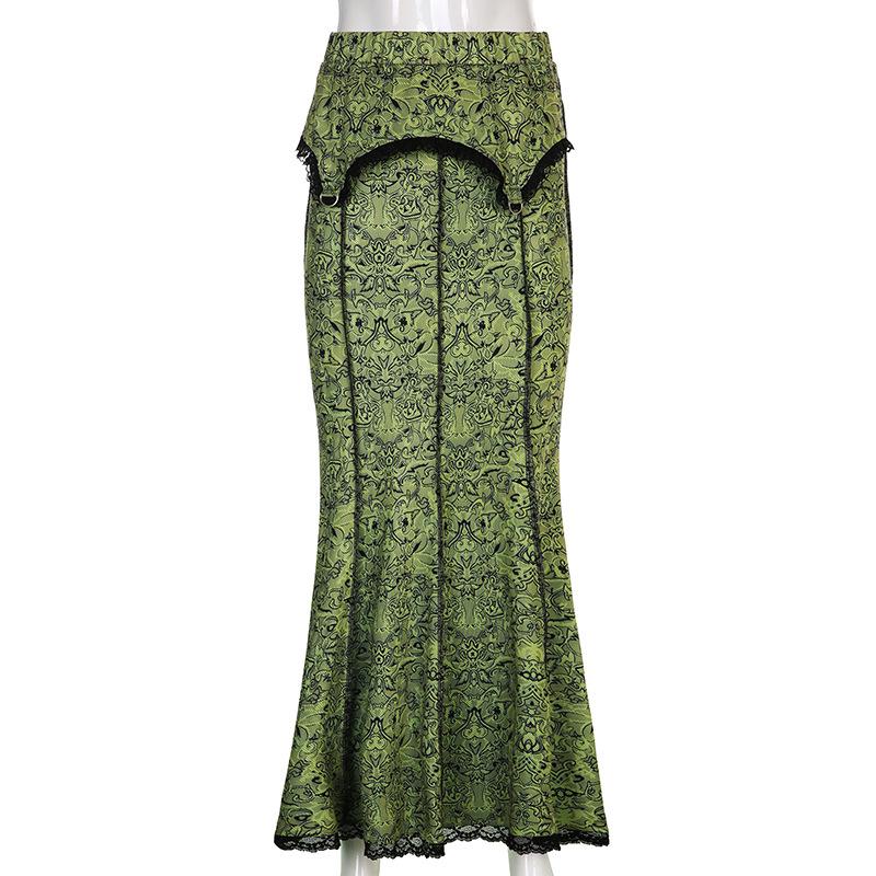 acelimosf™-Stitch lace hem abstract contrast maxi skirt
