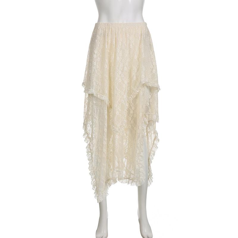 acelimosf™-Irregular lace ruffle solid midi skirt y2k 90s Revival Techno Fashion