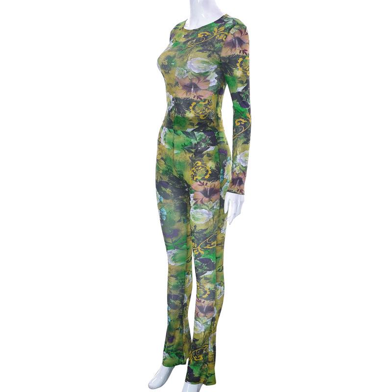 acelimosf™-Long sleeve sheer mesh crewneck contrast print flared pant set cyberpunk Sci-Fi Fashion