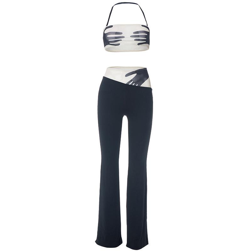 acelimosf™-Halter backless mesh patchwork contrast palm pattern pant set