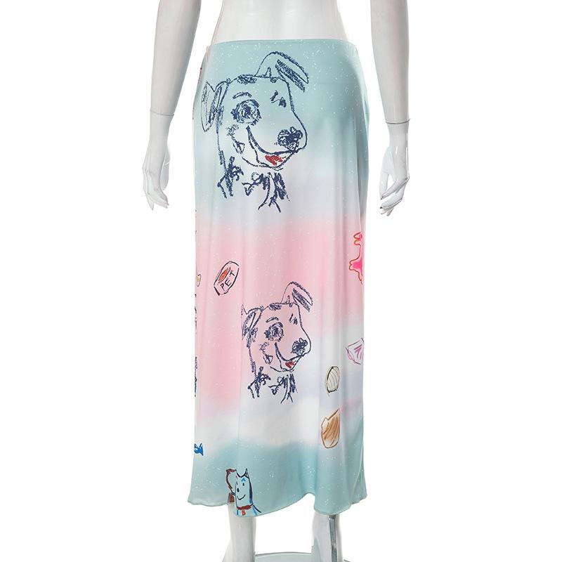 acelimosf™-Dog pattern low rise tie dye contrast maxi skirt