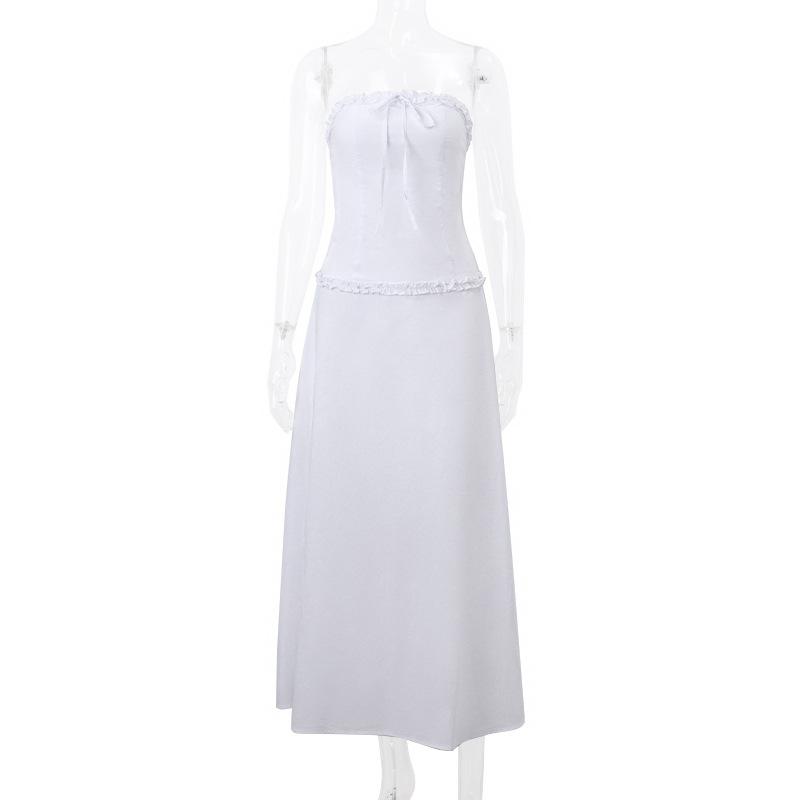 acelimosf™-Ruffle bowknot smocked zip-up backless solid tube midi skirt set