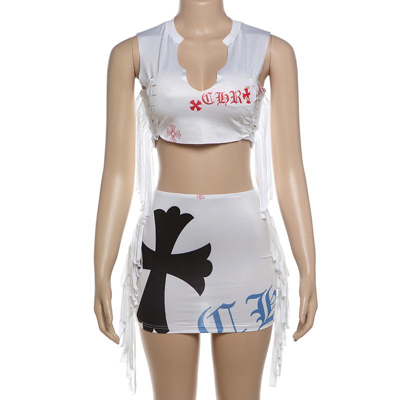 acelimosf™-Sleeveless print tassel crop mini skirt set