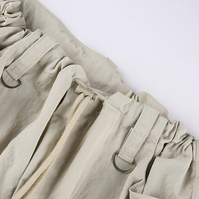 acelimosf™-Cargo pocket drawstring solid button adjustable waist wide leg pant