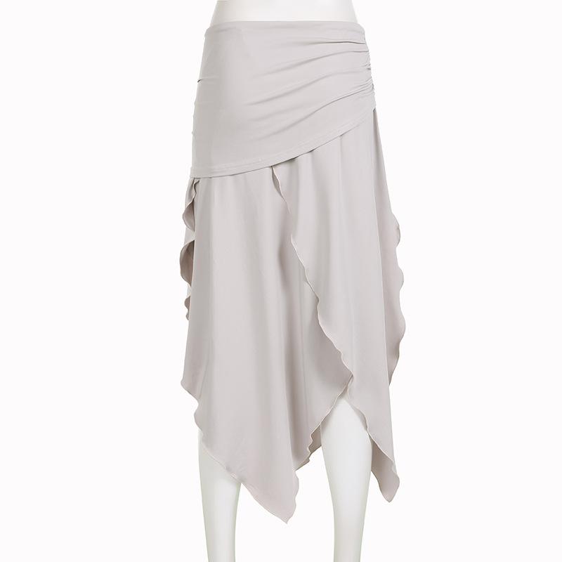 acelimosf™-Ruched irregular ruffle slit solid high rise midi skirt y2k 90s Revival Techno Fashion