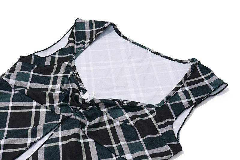 acelimosf™-Cap sleeve plaid bowknot slit mini skirt set