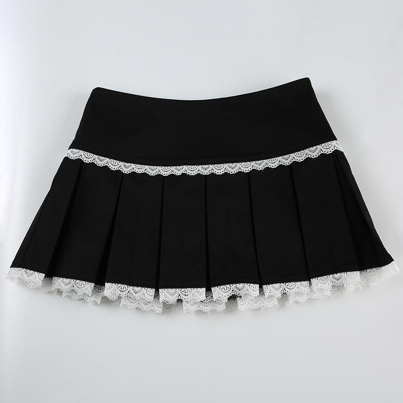 acelimosf™-Lace hem pleated zip-up mini skirt